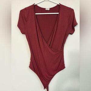 Garage M Women’s Deep V Wrap Bodysuit - Burgundy/wine